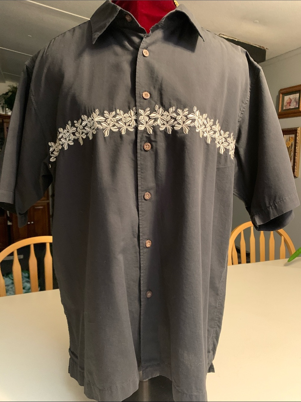 Boca Classics Men's Black Short-Sleeve Shirt with White Floral Embroidery